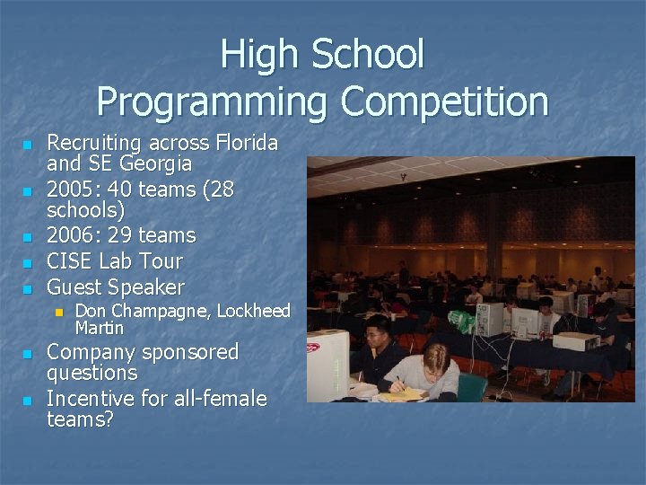 High School Programming Competition n n Recruiting across Florida and SE Georgia 2005: 40