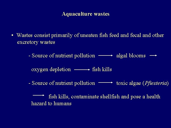 Aquaculture wastes • Wastes consist primarily of uneaten fish feed and fecal and other