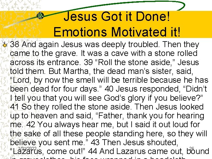 Jesus Got it Done! Emotions Motivated it! 38 And again Jesus was deeply troubled.