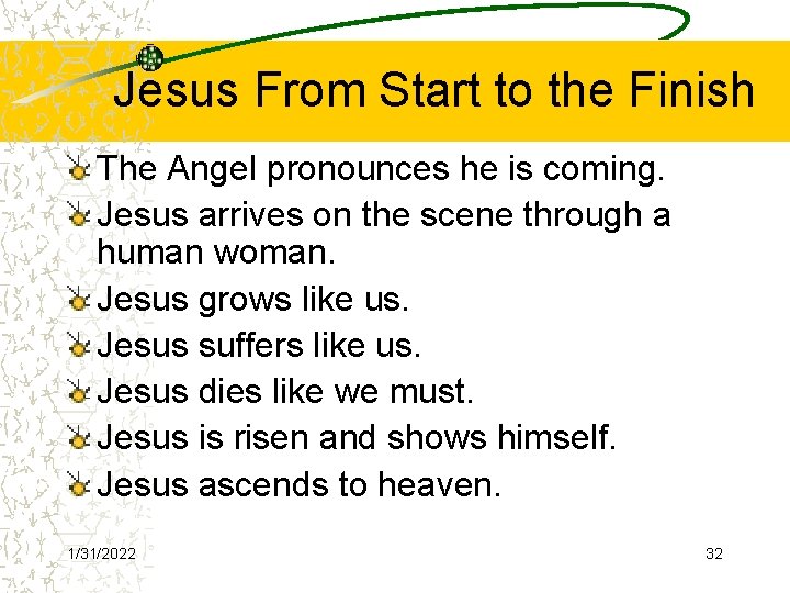 Jesus From Start to the Finish The Angel pronounces he is coming. Jesus arrives