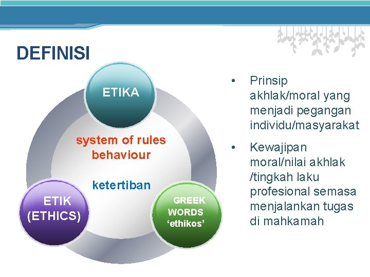 DEFINISI ETIKA system of rules behaviour ketertiban ETIK (ETHICS) GREEK WORDS ‘ethikos’ • Prinsip