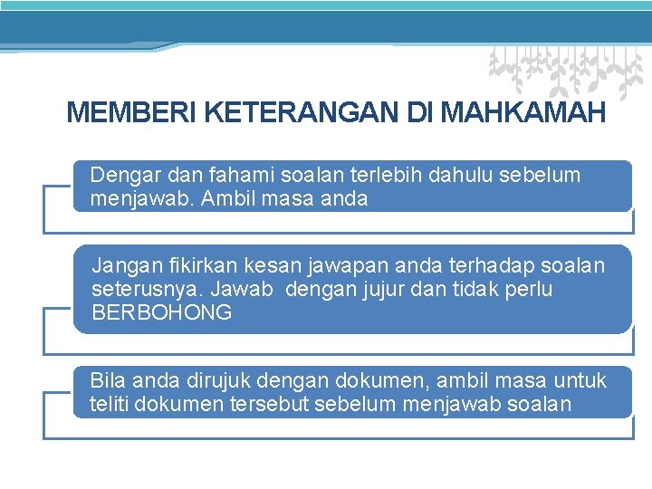 MEMBERI KETERANGAN DI MAHKAMAH Dengar dan fahami soalan terlebih dahulu sebelum menjawab. Ambil masa