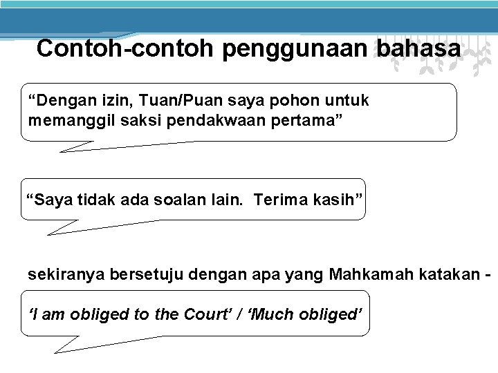 Contoh-contoh penggunaan bahasa “Dengan izin, Tuan/Puan saya pohon untuk memanggil saksi pendakwaan pertama” “Saya