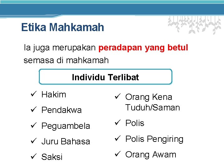 Etika Mahkamah Ia juga merupakan peradapan yang betul semasa di mahkamah Individu Terlibat ü