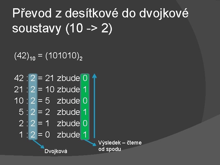 Převod z desítkové do dvojkové soustavy (10 -> 2) (42)10 = (101010)2 42 :