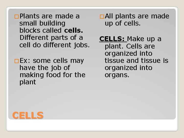 �Plants are made a small building blocks called cells. Different parts of a cell