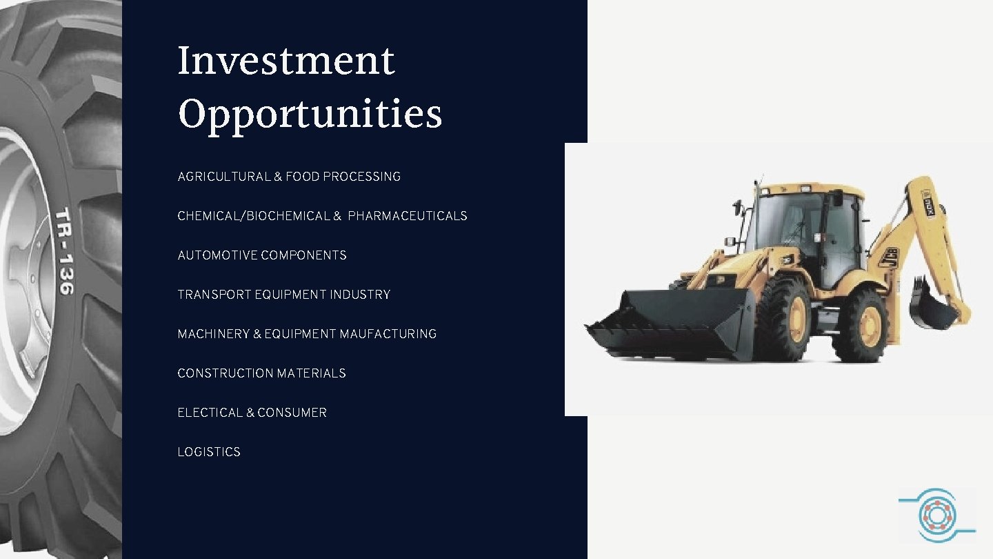 Investment Opportunities AGRICULTURAL & FOOD PROCESSING CHEMICAL/BIOCHEMICAL & PHARMACEUTICALS AUTOMOTIVE COMPONENTS TRANSPORT EQUIPMENT INDUSTRY