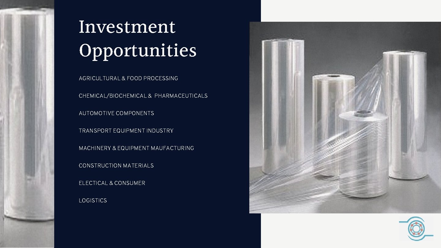 Investment Opportunities AGRICULTURAL & FOOD PROCESSING CHEMICAL/BIOCHEMICAL & PHARMACEUTICALS AUTOMOTIVE COMPONENTS TRANSPORT EQUIPMENT INDUSTRY