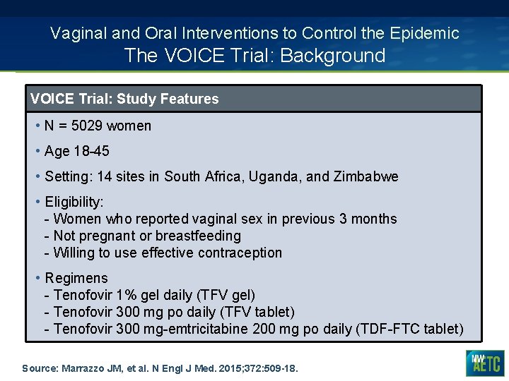 Vaginal and Oral Interventions to Control the Epidemic The VOICE Trial: Background VOICE Trial: