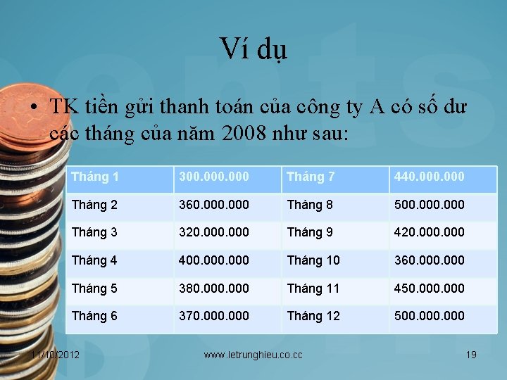 Ví dụ • TK tiền gửi thanh toán của công ty A có số