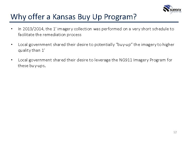 Why offer a Kansas Buy Up Program? • In 2013/2014, the 1’ imagery collection