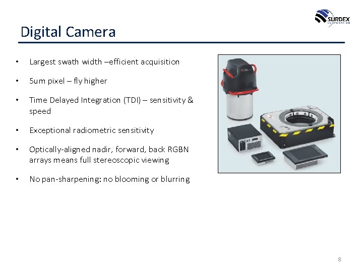 Digital Camera • Largest swath width –efficient acquisition • 5 um pixel – fly