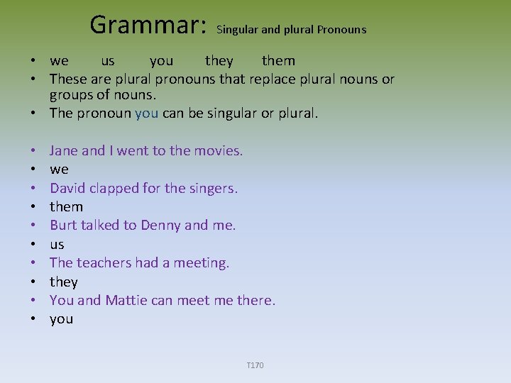 Grammar: Singular and plural Pronouns • we us you they them • These are