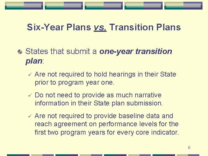 Six-Year Plans vs. Transition Plans States that submit a one-year transition plan: ü Are