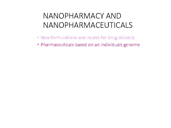 NANOPHARMACY AND NANOPHARMACEUTICALS • New formulations and routes for drug delivery • Pharmaceuticals based