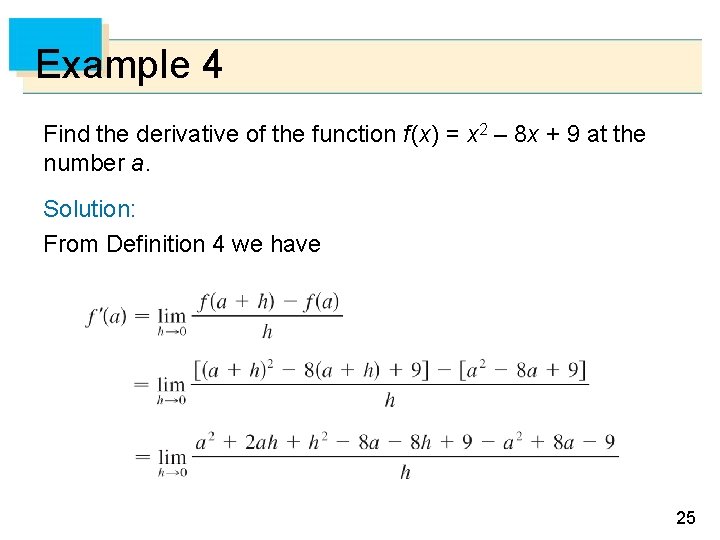 Example 4 Find the derivative of the function f (x) = x 2 –