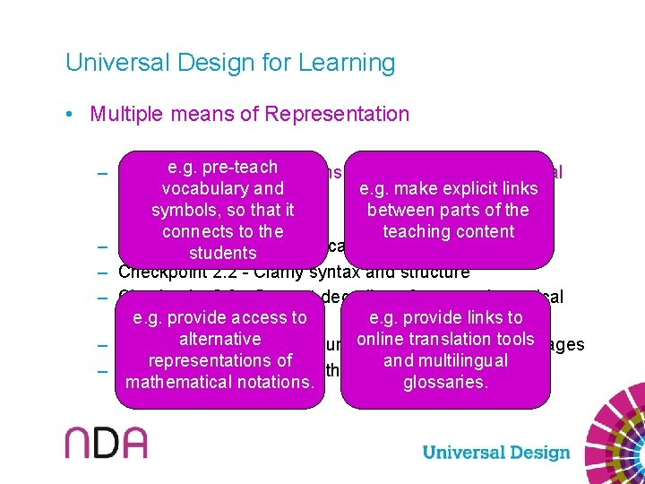 Universal Design for Learning • Multiple means of Representation e. g. 2: pre-teach –