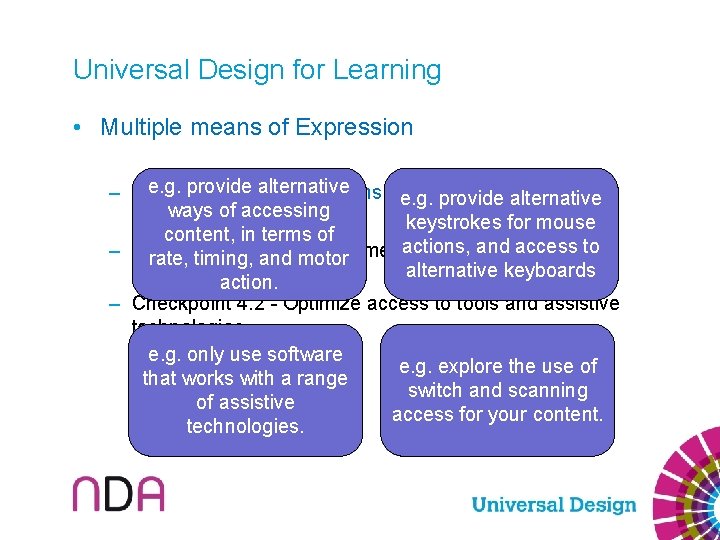 Universal Design for Learning • Multiple means of Expression e. g. provide alternative –