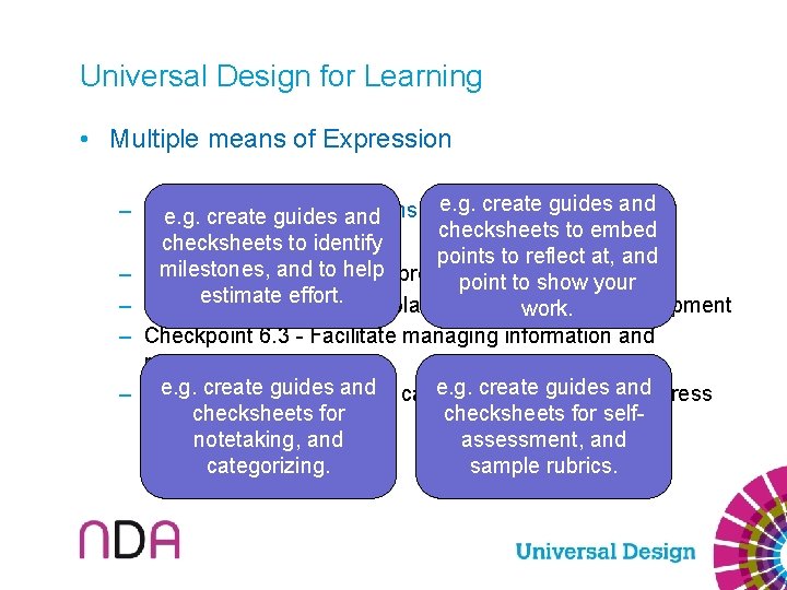 Universal Design for Learning • Multiple means of Expression create guides and – Guideline