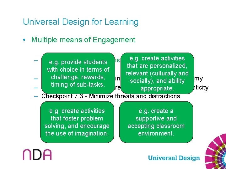 Universal Design for Learning • Multiple means of Engagement createinterest activities – Guideline 7: