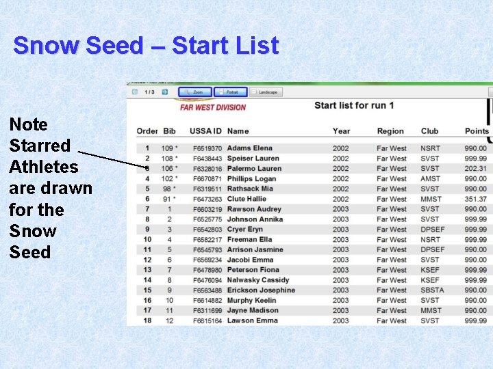 Snow Seed – Start List Note Starred Athletes are drawn for the Snow Seed