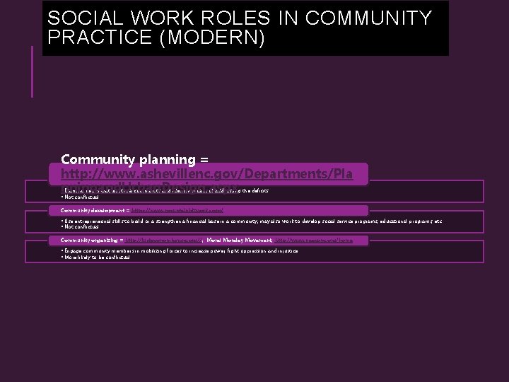 SOCIAL WORK ROLES IN COMMUNITY PRACTICE (MODERN) Community planning = http: //www. ashevillenc. gov/Departments/Pla