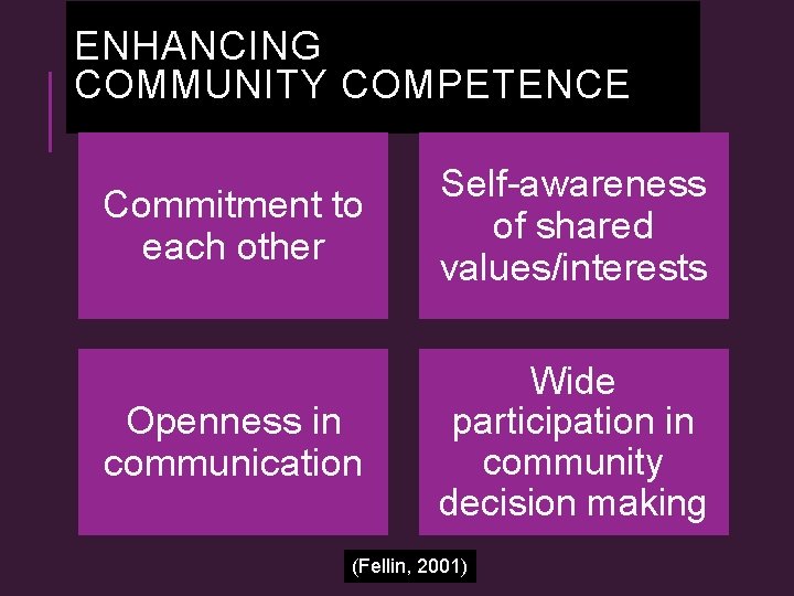 ENHANCING COMMUNITY COMPETENCE Commitment to each other Self-awareness of shared values/interests Openness in communication