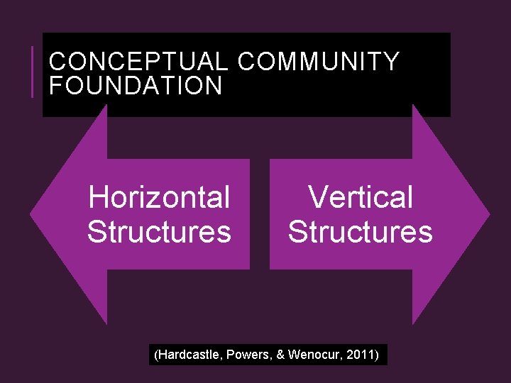 CONCEPTUAL COMMUNITY FOUNDATION Horizontal Structures Vertical Structures (Hardcastle, Powers, & Wenocur, 2011) 