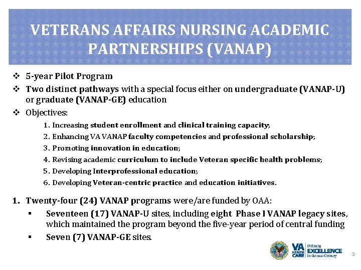 VETERANS AFFAIRS NURSING ACADEMIC PARTNERSHIPS (VANAP) v 5 -year Pilot Program v Two distinct
