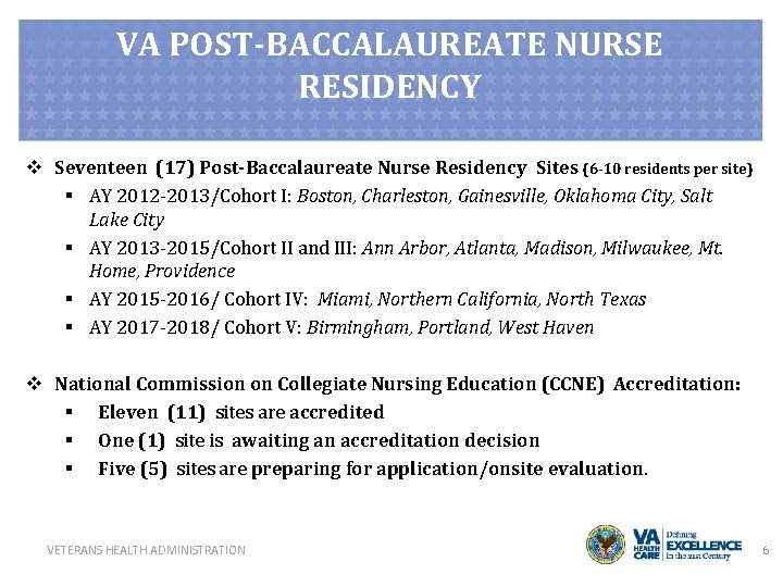 VA POST-BACCALAUREATE NURSE RESIDENCY v Seventeen (17) Post-Baccalaureate Nurse Residency Sites (6 -10 residents