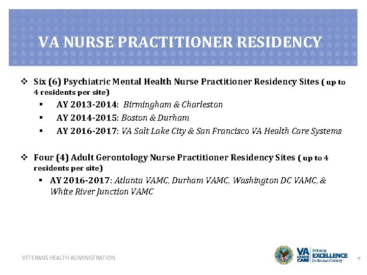 VA NURSE PRACTITIONER RESIDENCY v Six (6) Psychiatric Mental Health Nurse Practitioner Residency Sites