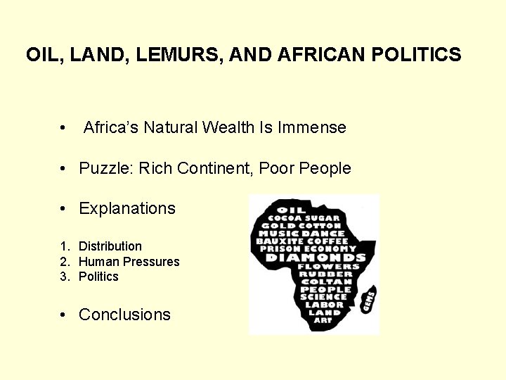 OIL, LAND, LEMURS, AND AFRICAN POLITICS • Africa’s Natural Wealth Is Immense • Puzzle: