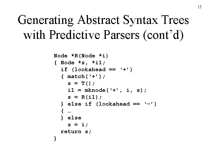 15 Generating Abstract Syntax Trees with Predictive Parsers (cont’d) Node *R(Node *i) { Node