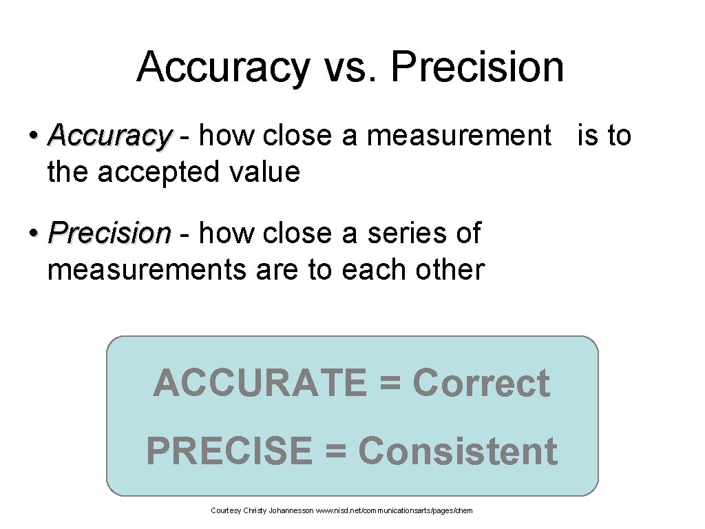 Accuracy vs. Precision • Accuracy - how close a measurement is to the accepted