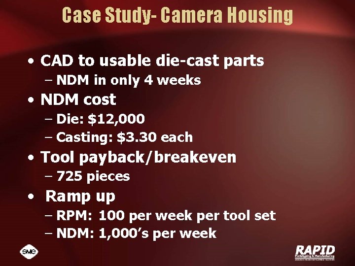 Case Study- Camera Housing • CAD to usable die-cast parts – NDM in only