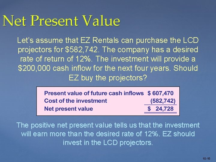 Net Present Value Let’s assume that EZ Rentals can purchase the LCD projectors for