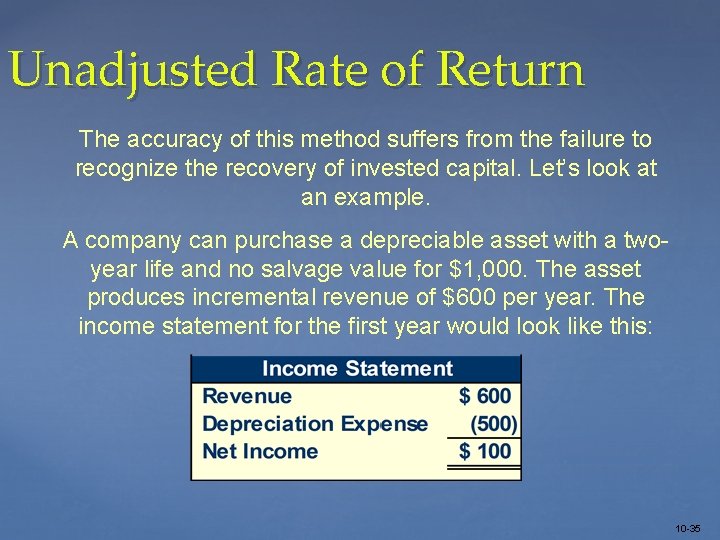 Unadjusted Rate of Return The accuracy of this method suffers from the failure to