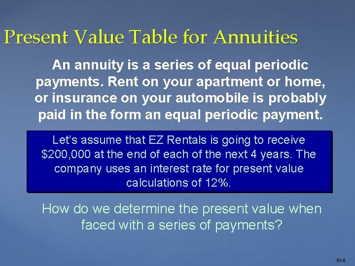 Present Value Table for Annuities An annuity is a series of equal periodic payments.