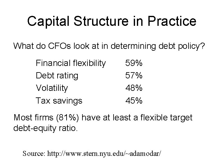 Capital Structure in Practice What do CFOs look at in determining debt policy? Financial