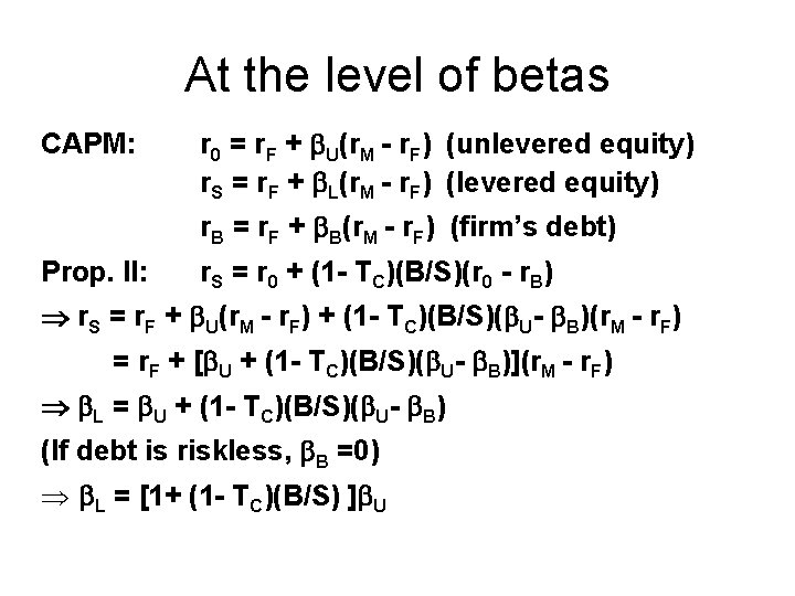 At the level of betas CAPM: r 0 = r. F + U(r. M
