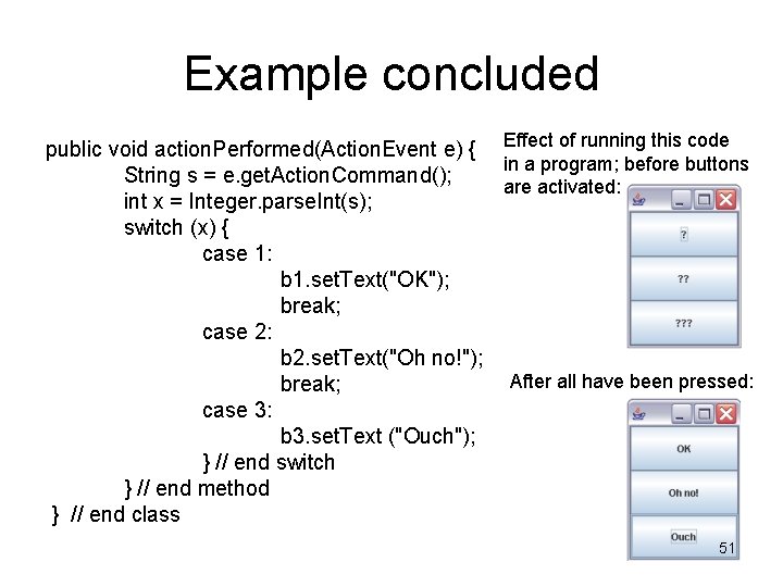 Example concluded public void action. Performed(Action. Event e) { Effect of running this code
