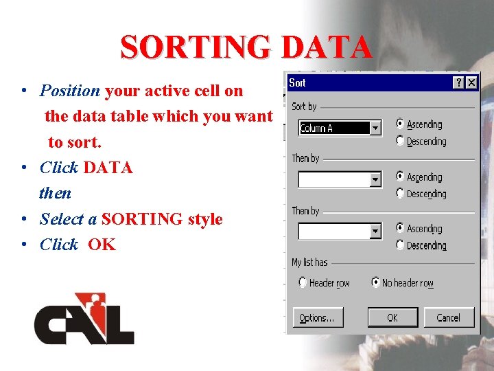 SORTING DATA • Position your active cell on the data table which you want