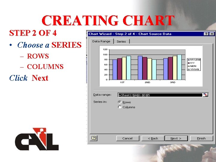 CREATING CHART STEP 2 OF 4 • Choose a SERIES – ROWS – COLUMNS