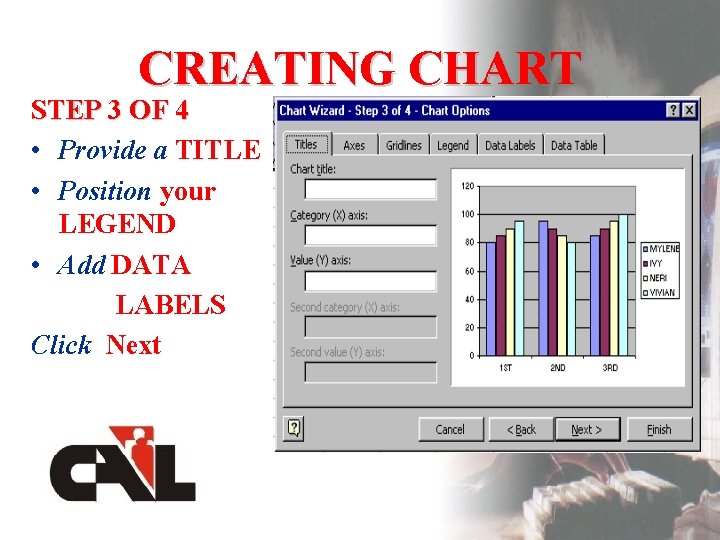 CREATING CHART STEP 3 OF 4 • Provide a TITLE • Position your LEGEND