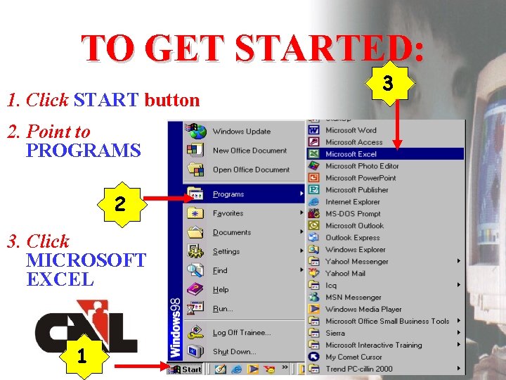 TO GET STARTED: 1. Click START button 2. Point to PROGRAMS 2 3. Click