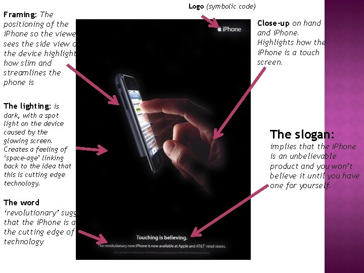 Framing: The positioning of the i. Phone so the viewer sees the side view