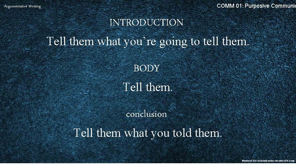COMM 01: Purposive Communic Argumentative Writing INTRODUCTION Tell them what you’re going to tell