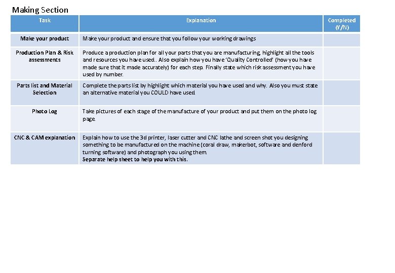 Making Section Task Make your product Explanation Make your product and ensure that you Making Section Task Make your product Explanation Make your product and ensure that you