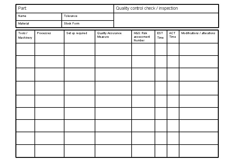 Part: Quality control check / inspection Name Tolerance Material Stock Form Tools / Machinery Part: Quality control check / inspection Name Tolerance Material Stock Form Tools / Machinery