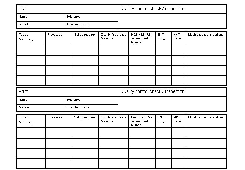 Part: Quality control check / inspection Name Tolerance Material Stock form / size Tools Part: Quality control check / inspection Name Tolerance Material Stock form / size Tools